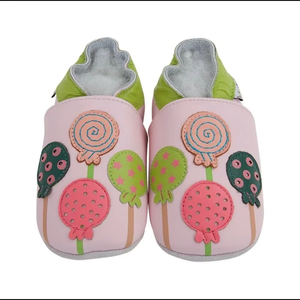Baby leather slippers - Lollipop design in pinks and green colors for fun